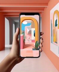 A hand holds a phone, displaying a vibrant, colorful, 3D interior scene.
