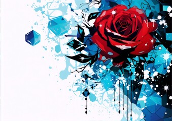 Red rose, stylized design, blue and black splatters.
