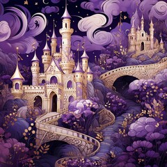 Magical castle nestled in purple hills, winding pathways, fairytale scene.
