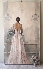 Woman in a light-pink wedding dress, back to viewer, elegant and serene.
