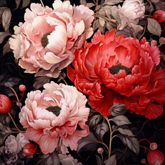 Close-up of vibrant red and pink peonies. Dark background. Floral detail.
