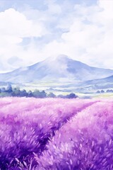 Vast lavender field, mountain backdrop, serene landscape.
