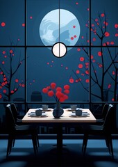 Restaurant interior, night view, red blossoms, moonlit dining.
