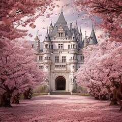White castle framed by pink cherry blossoms. A fairytale scene.
