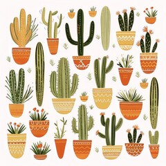Colorful cacti in terracotta pots, a variety of shapes and sizes.
