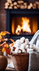 Cozy autumn scene, basket of cotton by fireplace.
