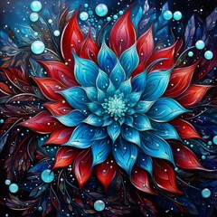 A vibrant, detailed flower in shades of red and blue.
