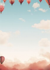 Hot air balloons float against a pale sky, soft clouds, and a rosy horizon.
