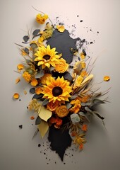 Yellow flowers and dried grasses, arranged on a dark backdrop.
