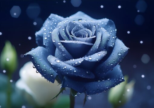 Fototapeta A stunning blue rose, glistening with water droplets. 