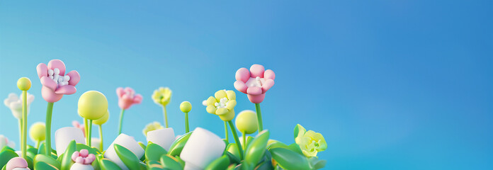 3d Animation cartoon happy spring flowers in blue sky. Green summer spring landscape Animated background colorful spring flowers. Colorful summer garden with sunlight shining.