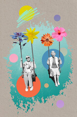 Portrait of a smiling elderly women on swing . Collage with abstract background. Design with senior women