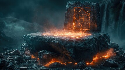 A throne carved from a single, ancient meteorite, its surface embedded with alien technology that glows with unknown symbols - obrazy, fototapety, plakaty