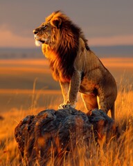   A lion atop a rock in a sun-scorched grass field during sunset