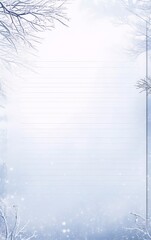 Snowy forest scene with bare tree branches, in blue and white colors, perfect for a winter-themed journal or notebook cover, in the style of a pencil drawing.