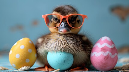   A duck, donned in glasses, perches atop an egg An adjacent egg houses an ostrich - obrazy, fototapety, plakaty