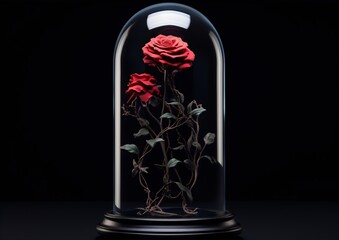 Two eternal red roses in a glass dome on a black background. Still life, 3D rendering.