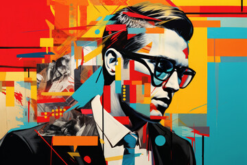 A stylized portrait of a young man with glasses colorful collage of vibrant abstract blend of colors and shapes in the background. Contemporary modern trendy stylish pop art drawing in bold hues - obrazy, fototapety, plakaty