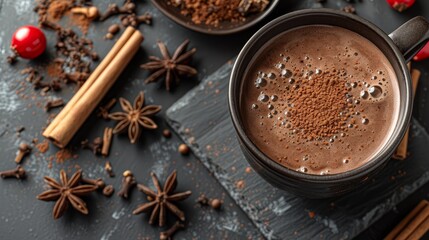 Obraz na płótnie Canvas Two mugs of hot chocolate on the table, accompanied by cinnamon sticks, star anise, and seeded star anise