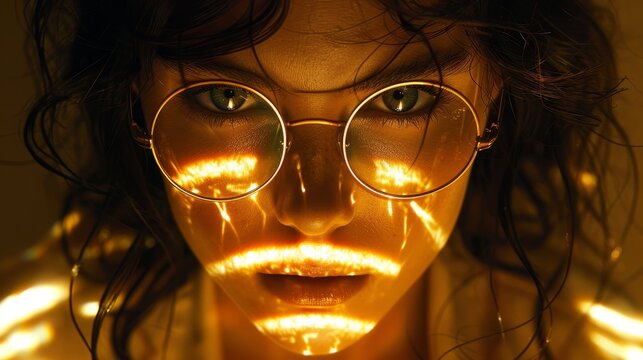   A tight shot of a woman's face, framed by rimless glasses hovering near it, under soft-lit illumination