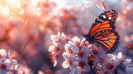   A tight shot of a butterfly atop a flower, surrounded by soft, hazy background where backlight gently filters through, illuminating the butterfly - obrazy, fototapety, plakaty