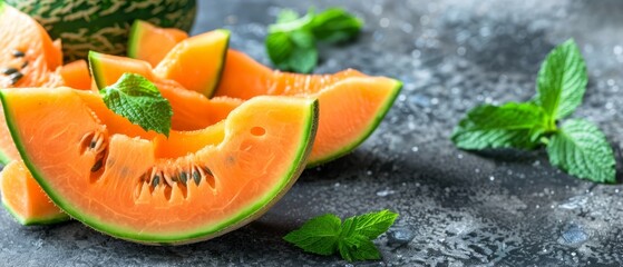   A halved cantaloupe on the table, surrounded by mint leaves Background features a sliced watermelon