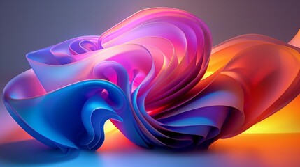 Curvy translucent sheets forming an abstract flowing shape. Dynamic motion, neon background