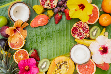 Summer mix of tropical fruits over green leaf with copy space