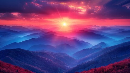   A red sun hovers over a mountain range at sunset, backdropped by peaks in the background - obrazy, fototapety, plakaty