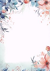 Obraz premium Delicate watercolor floral frame with blue, pink and orange flowers and green leaves on a white background, perfect for wedding invitations, save the dates, and other special events.