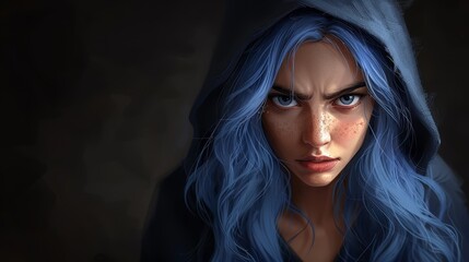  Woman with blue hair, in hoodie, gazes seriously at camera