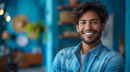   A person with a smiling face is situated near a blue wall adorned with shelves in this close-up image - obrazy, fototapety, plakaty