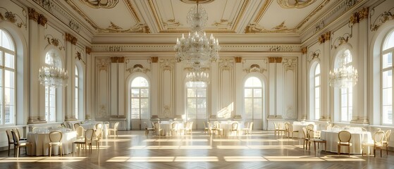 Sunlit Grandeur: Minimalist Opulence in a Majestic Dining Hall. Concept Luxurious Decor, Elegant Table Setting, Natural Lighting, Grand Interior
