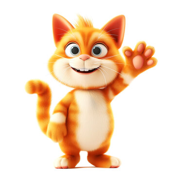 Smiling friendly ginger striped cat cartoon character in 3d design style waving hi hello goodbye on white background. Cute fantasy animals concept