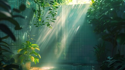 a bathroom with a shower and a plant in the corner of the room with sunlight streaming through the window