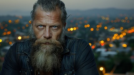   A man in a leather jacket, with a beard concealing his chin, is depicted in a tight shot against a backdrop of a cityscape - obrazy, fototapety, plakaty