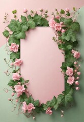 Obraz premium Banner with space for text green vines on the left, free space 2/3 of the background on the right, pastel pink background