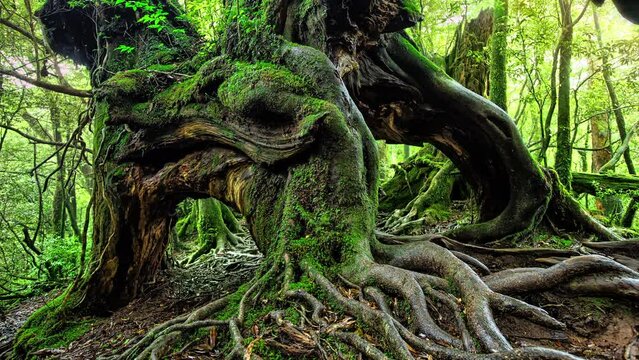 Time Lapse of Yakushima Japan Green Moss Covered Forest with Yakusugi Ancient Mystical Trees