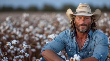   A man in a cowboy hat sits seriously in a cotton field, gazing at the camera - obrazy, fototapety, plakaty