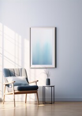 Blue and white abstract painting in a minimalist interior with a mid-century modern armchair and a small table with a vase on it