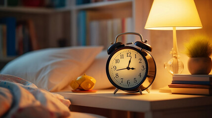 Naklejka premium Alarm clock on a nightstand in a room