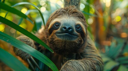 Fototapeta premium A tight shot of a sloth on a tree limb, surrounded by leaves in the near vicinity, while the background softly blurs