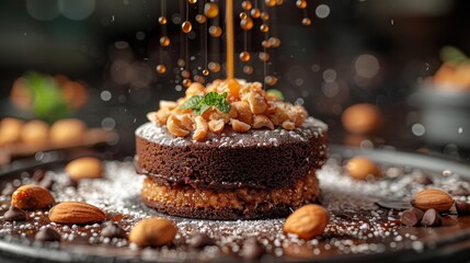   A chocolate cake atop a nut-covered plate, garnished with an orange zest sprinkle - obrazy, fototapety, plakaty
