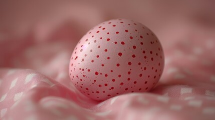   A pink egg up-close on a pink-and-white bedsheet, featuring a polka dot pattern