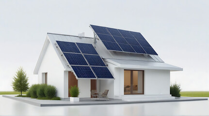 A futuristic generic smart home with solar panels rooftop system for renewable energy wide banner with copyspace area on isolated white gradient background, solar panel