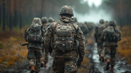   Soldiers traverse a muddy forest path amidst fog, trees looming behind - obrazy, fototapety, plakaty