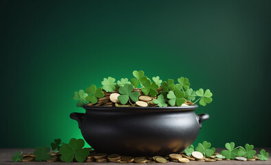Pot of luck with coins, shamrocks and clovers, Banner, St. Patrick's Day, green background, vignette , detailed