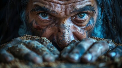   A man, up-close, hands on chest, face deeply furrowed, covered in grime