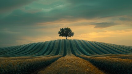   A solitary tree graces the heart of a vast wheat field as the sun sinks, casting long shadows over the ripening crops - obrazy, fototapety, plakaty