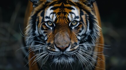   A tight shot of a tiger's face revealing just one eye, positioned opposite sides